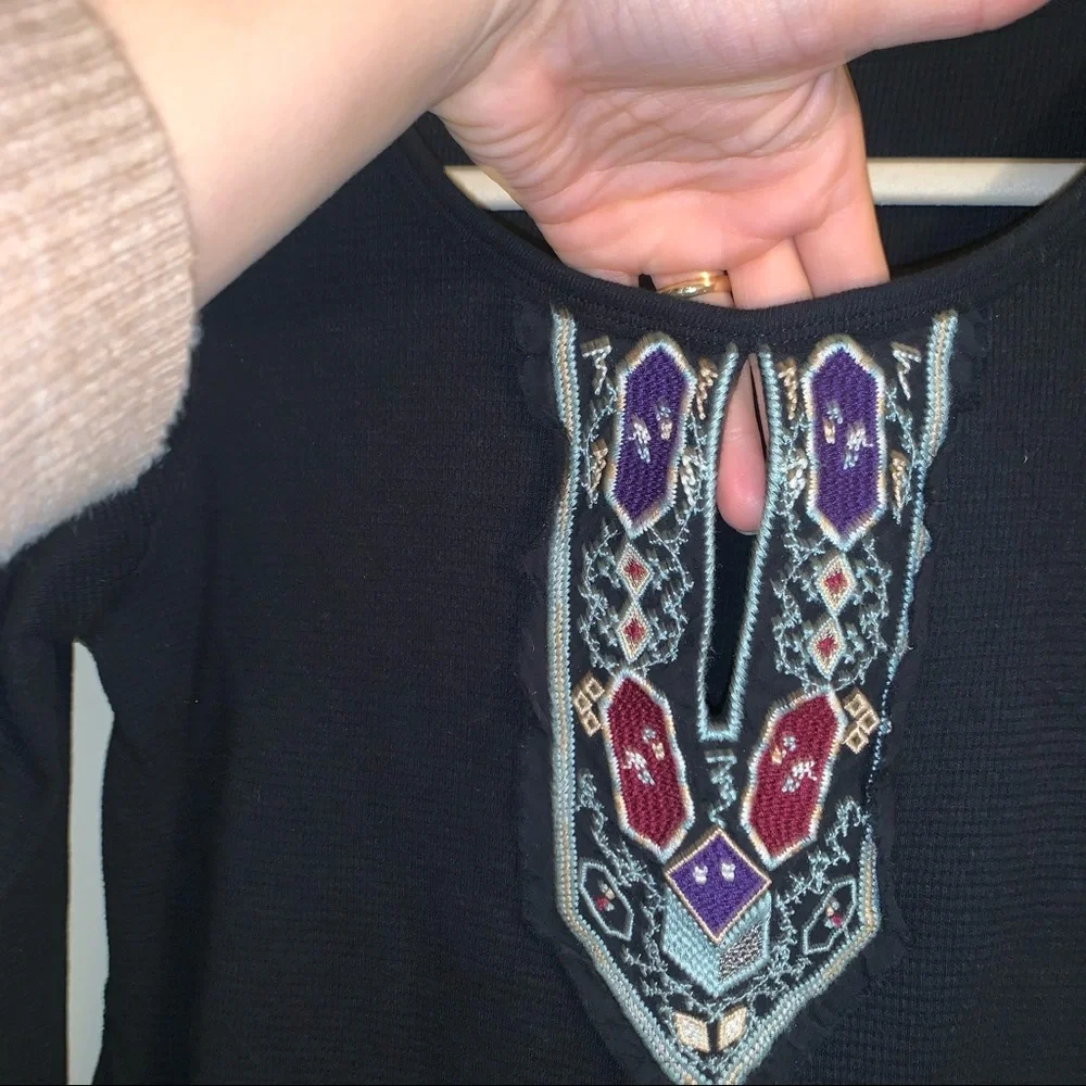 Shyanne Embroidered Black 100% Cotton Raw Hem Thermal Shirt